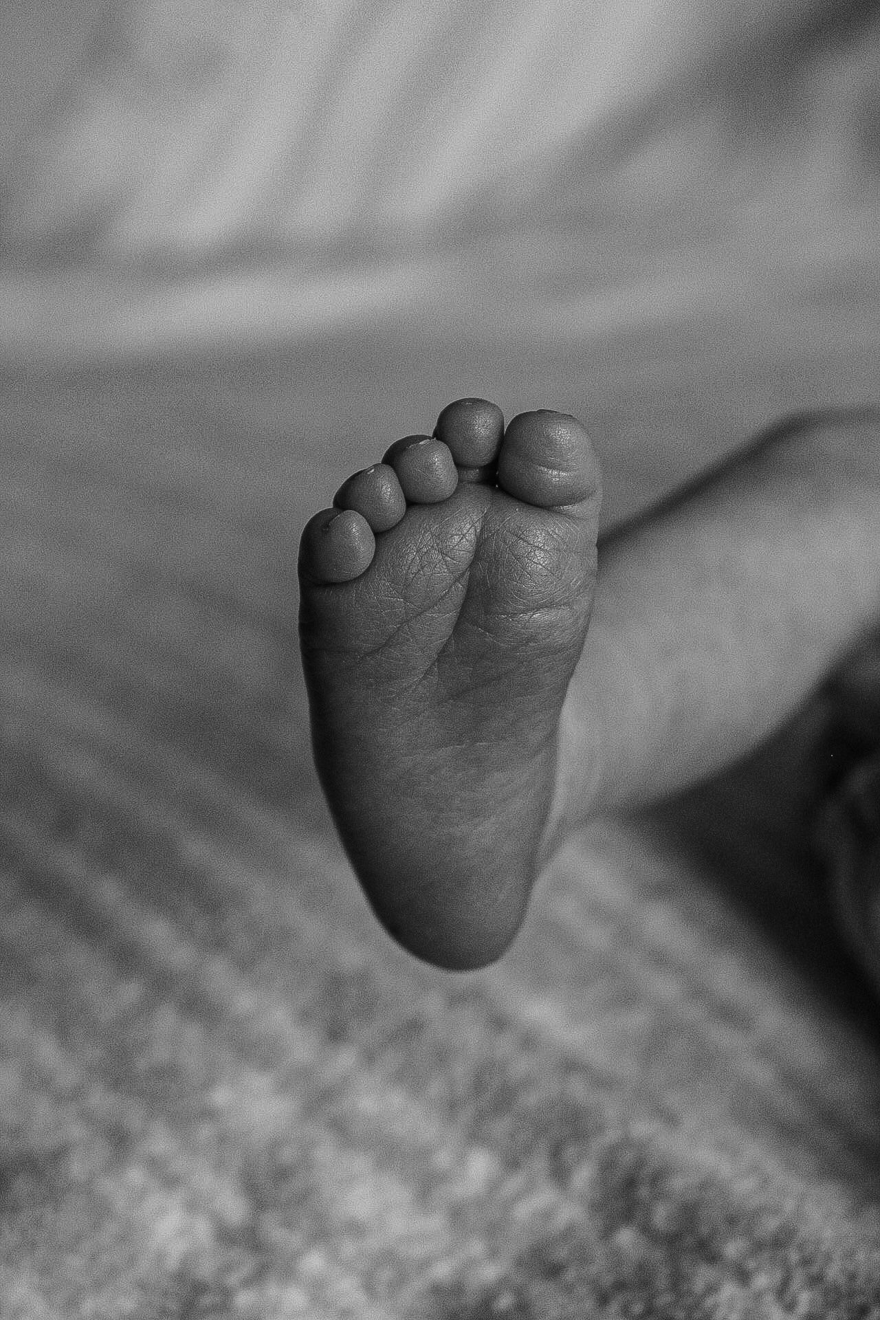 Artistic black and white series capturing infant feet from different angles.