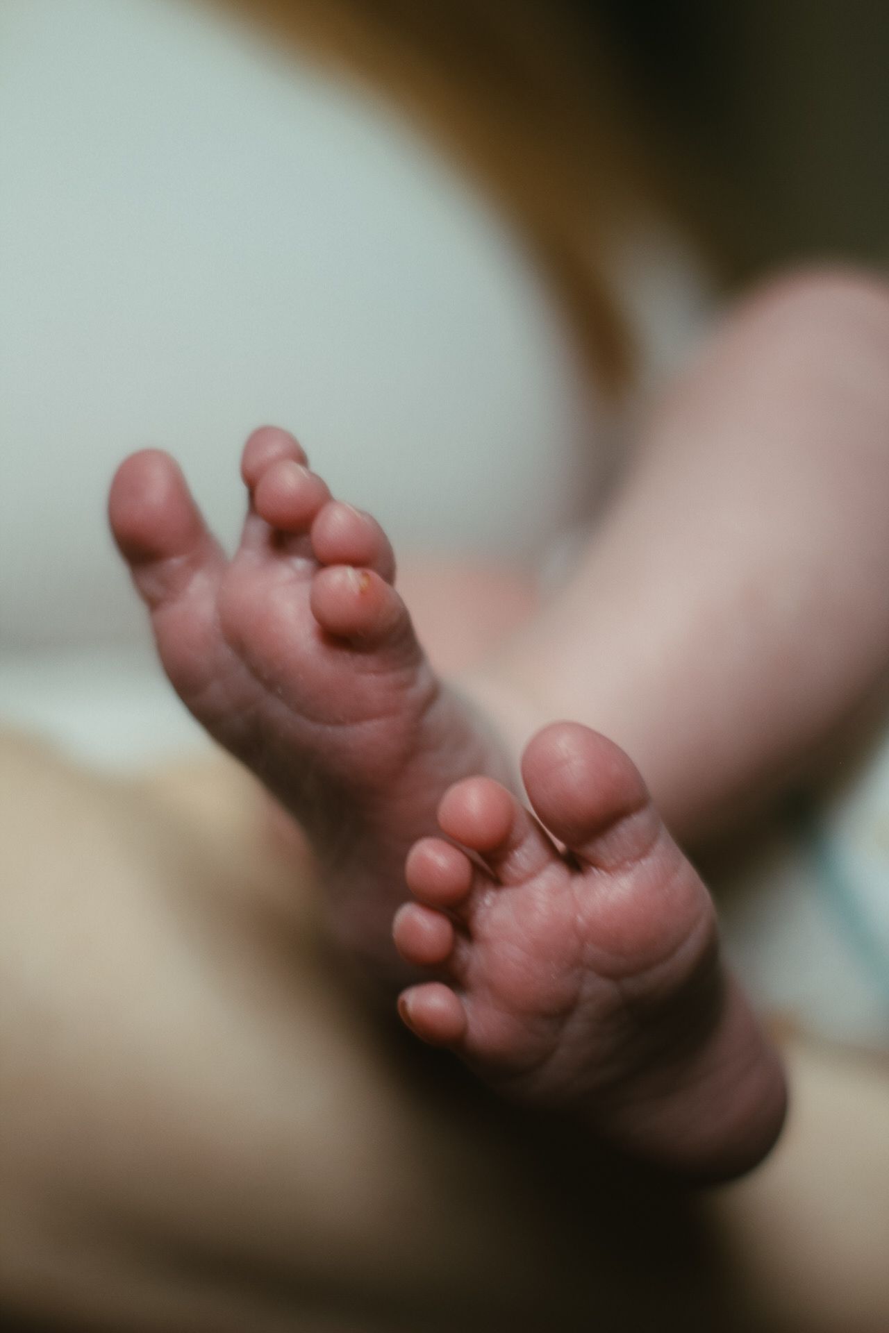 Close-up photo of tiny newborn baby feet with wrinkled pink toes.