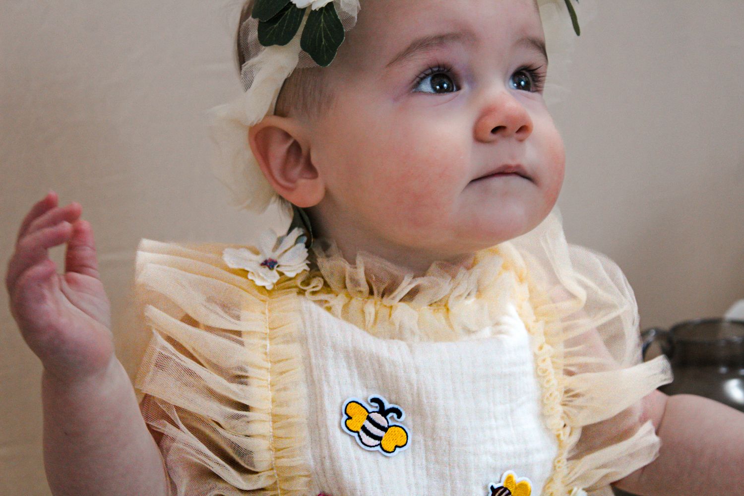 A baby in a ruffled yellow dress and flower crown gazes upward with wonder.