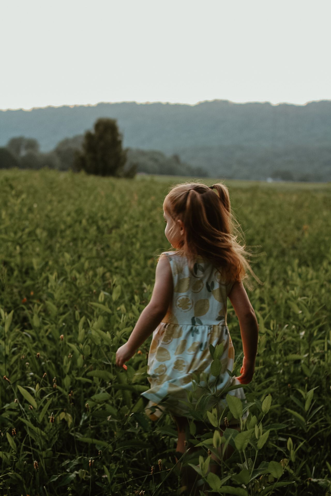 Child in white dress running through green field at sunset with mountains in background.