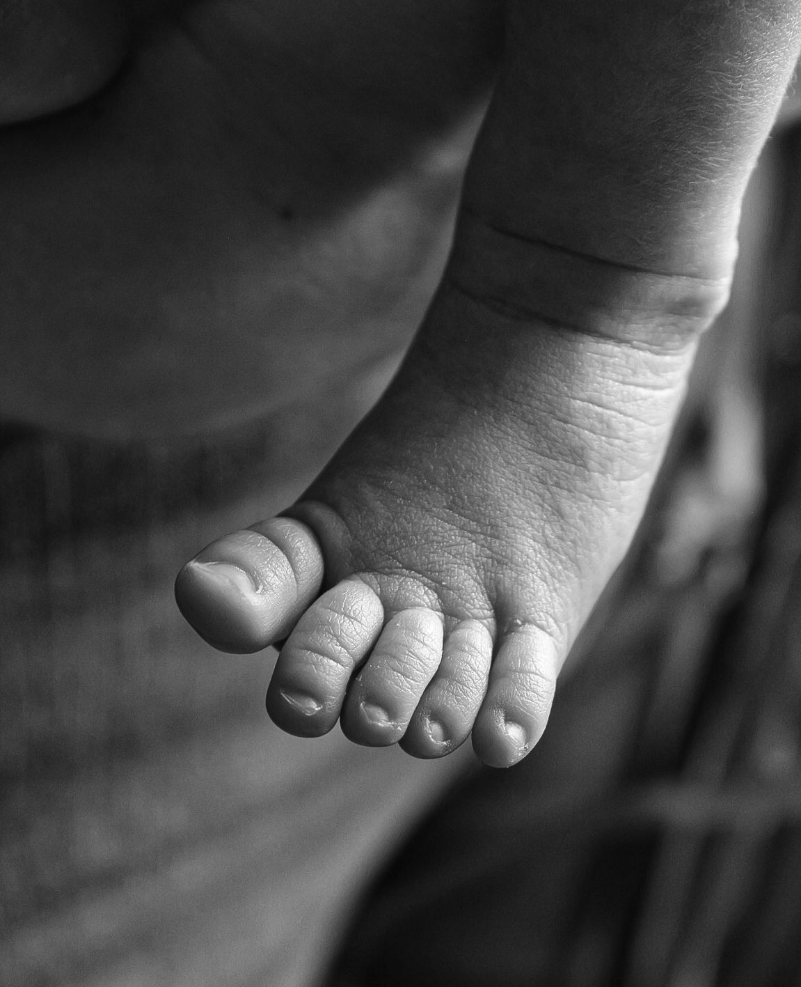 Series of black and white close-up photographs showing tiny infant toes.