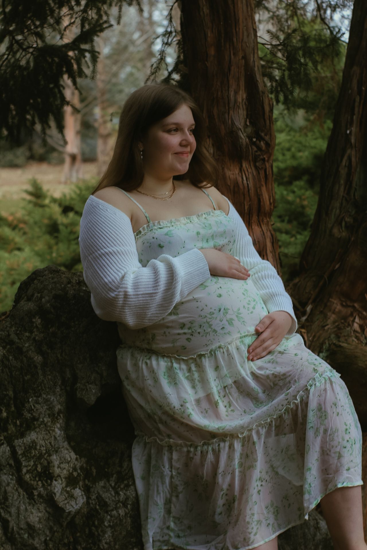 A peaceful maternity moment captured against a backdrop of evergreen trees.