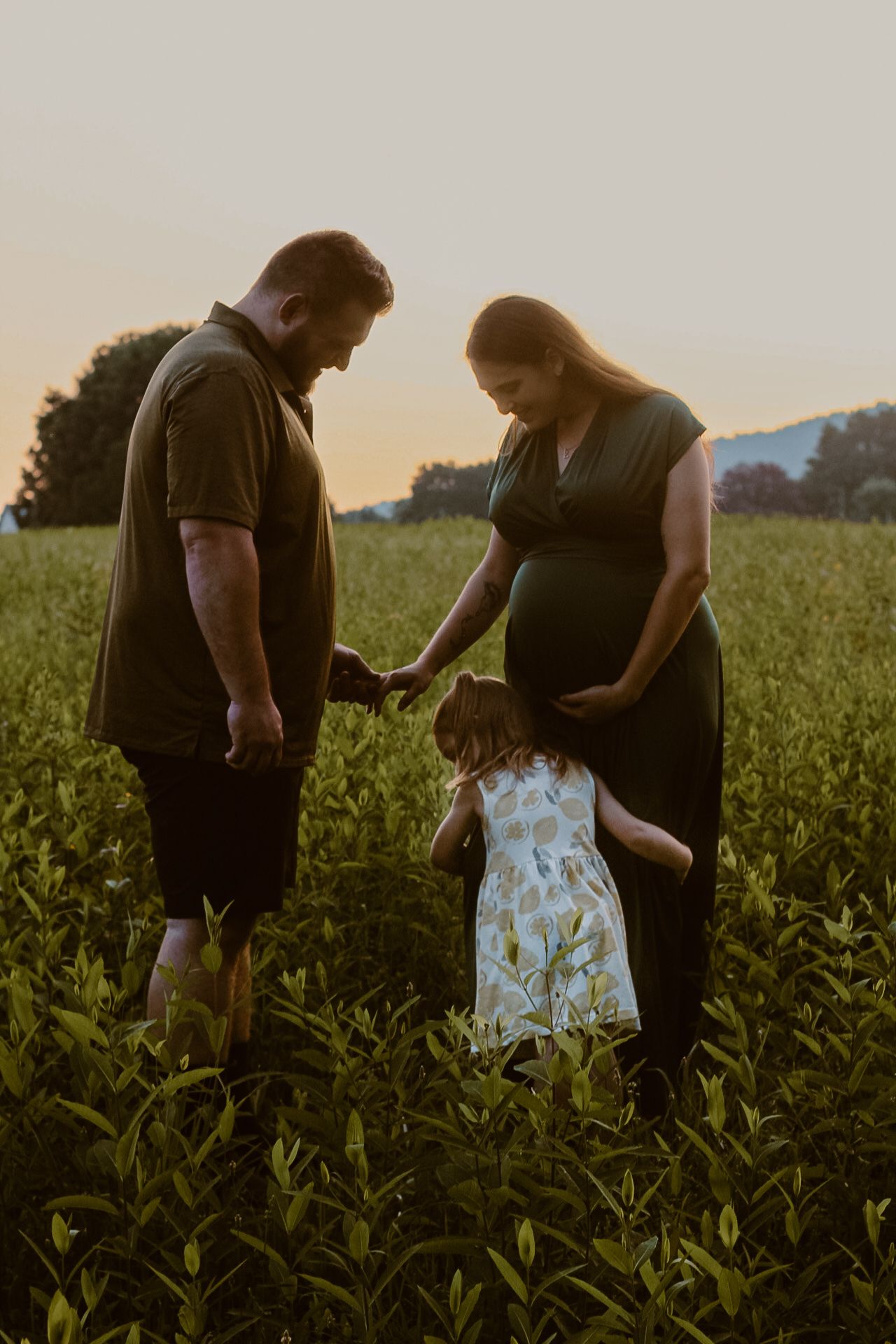 Family stands together in a golden field during a maternity photoshoot at sunset.