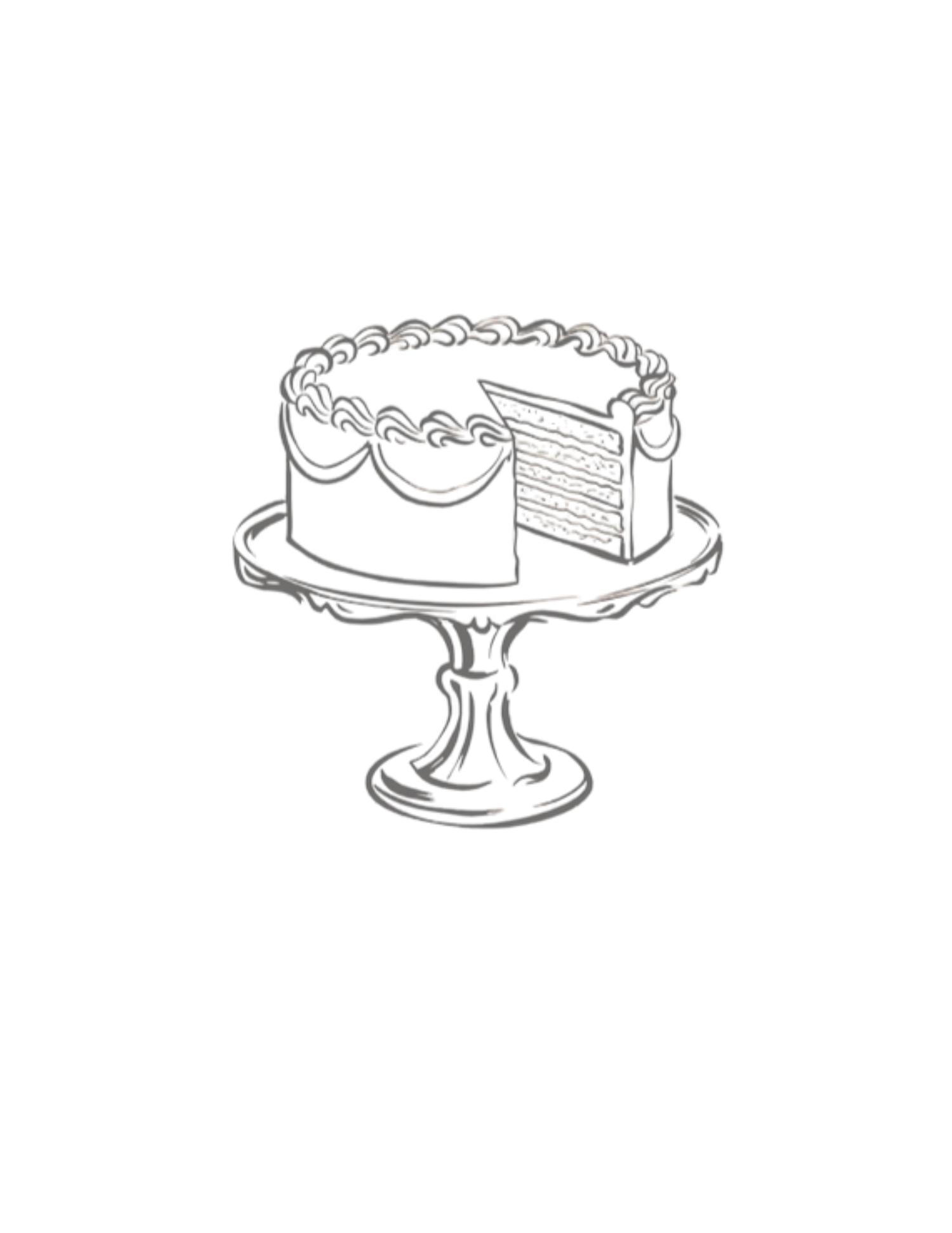 Vintage sketch illustration of a layered cake with a slice removed, displayed on an elegant pedestal cake stand.