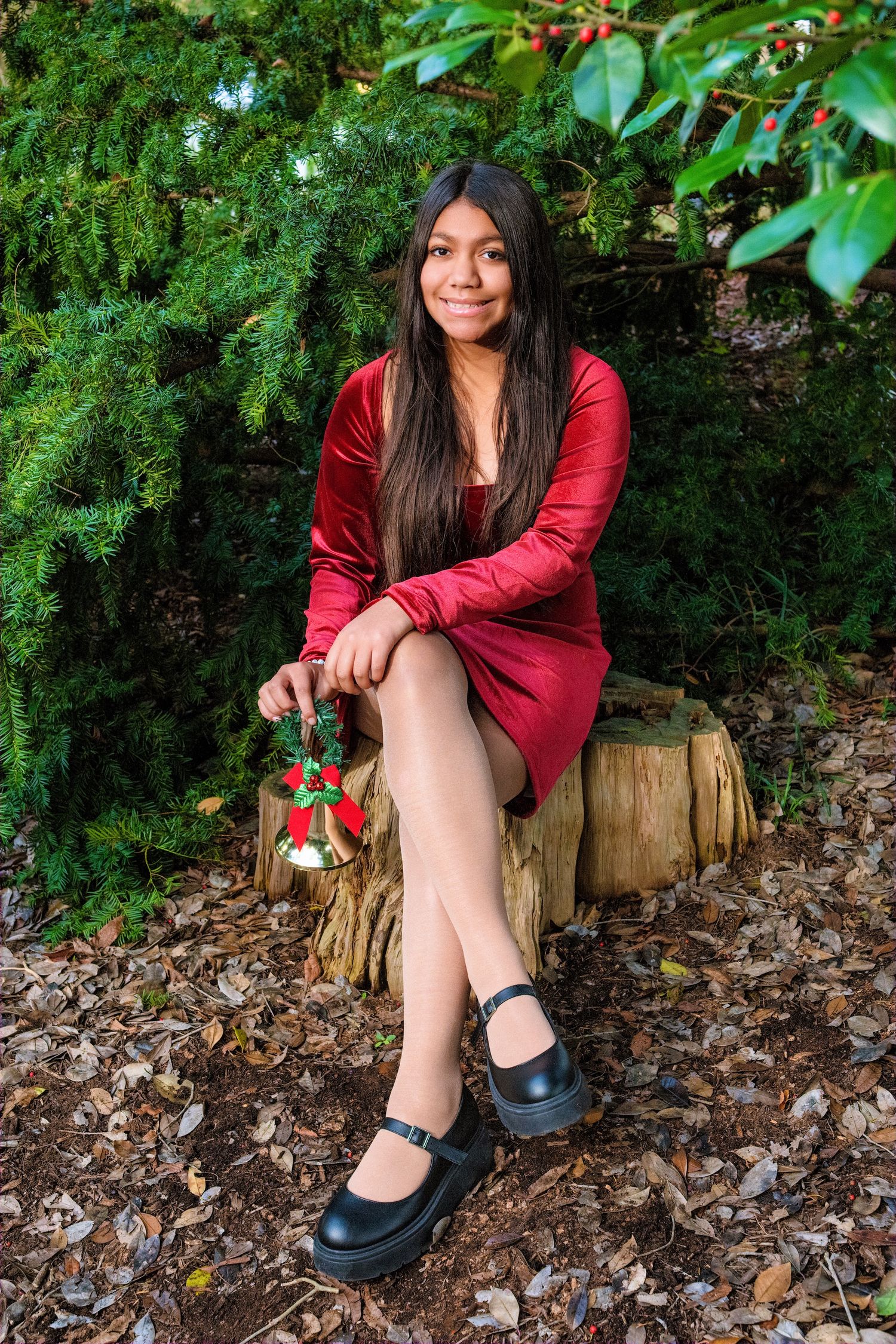 A woman in a red dress sits on a tree stump surrounded by evergreen foliage.