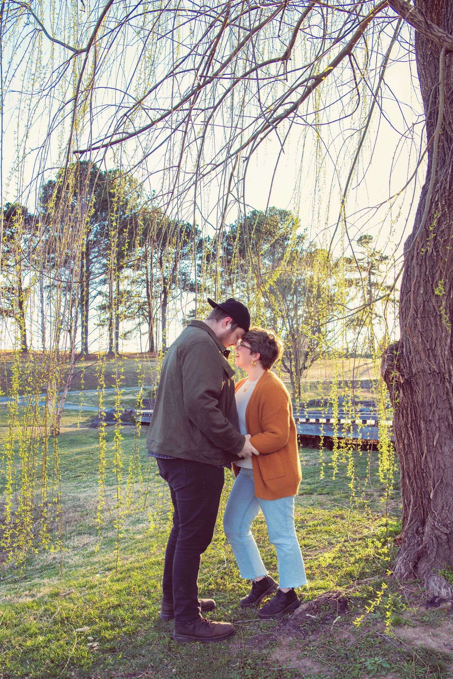 Two people share an intimate moment beneath a weeping willow tree at sunset in a tranquil park setting.