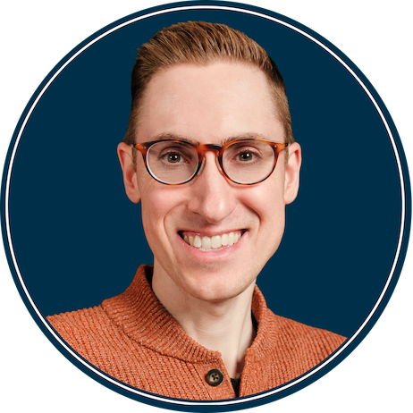 A professional headshot with a blue circular background.
