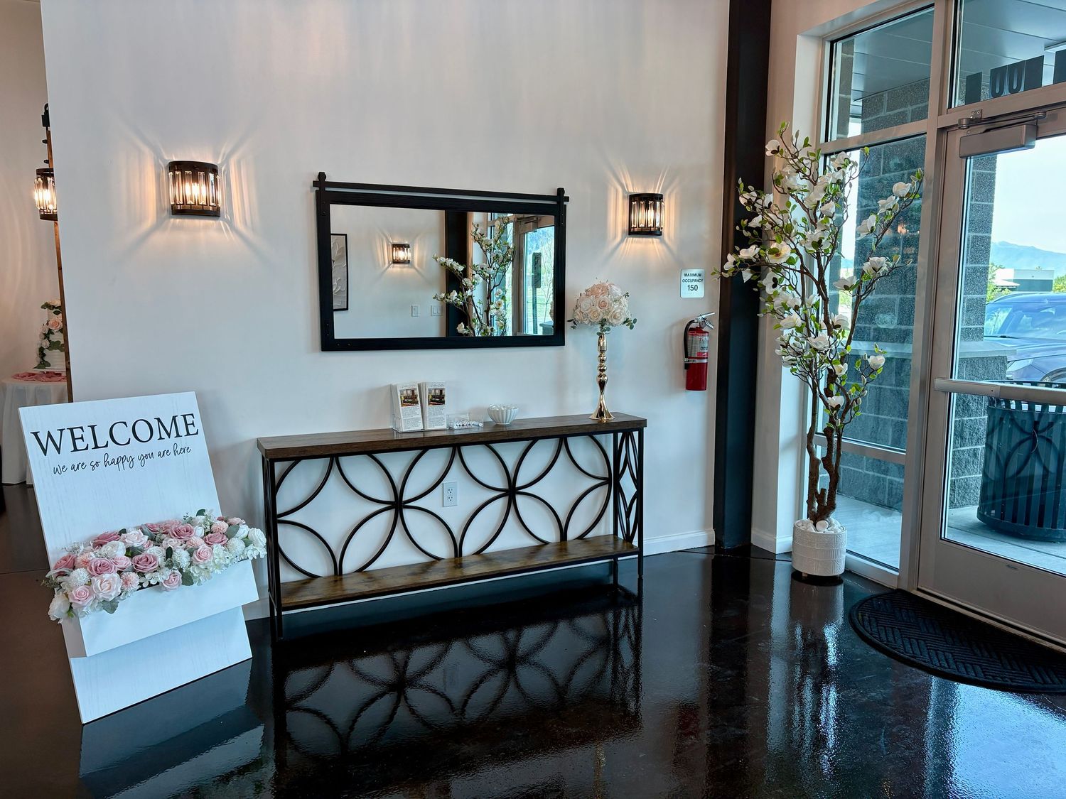 image of the event hall at The Southern Chateau Wedding Venue in Payson, Utah County, Utah, and its entry foyer