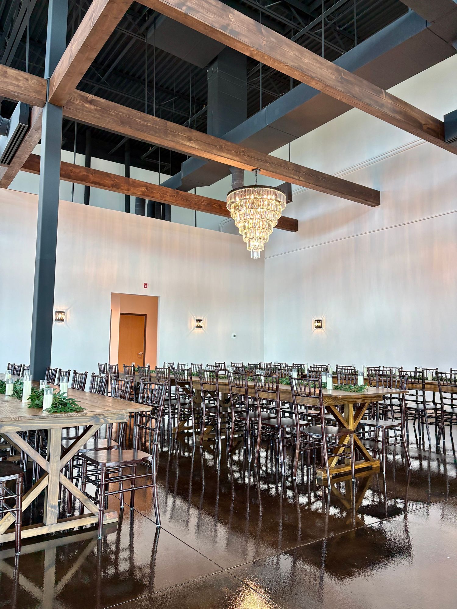 image of the event hall at The Southern Chateau Wedding Venue in Payson, Utah County, Utah, and its wooden furnishings