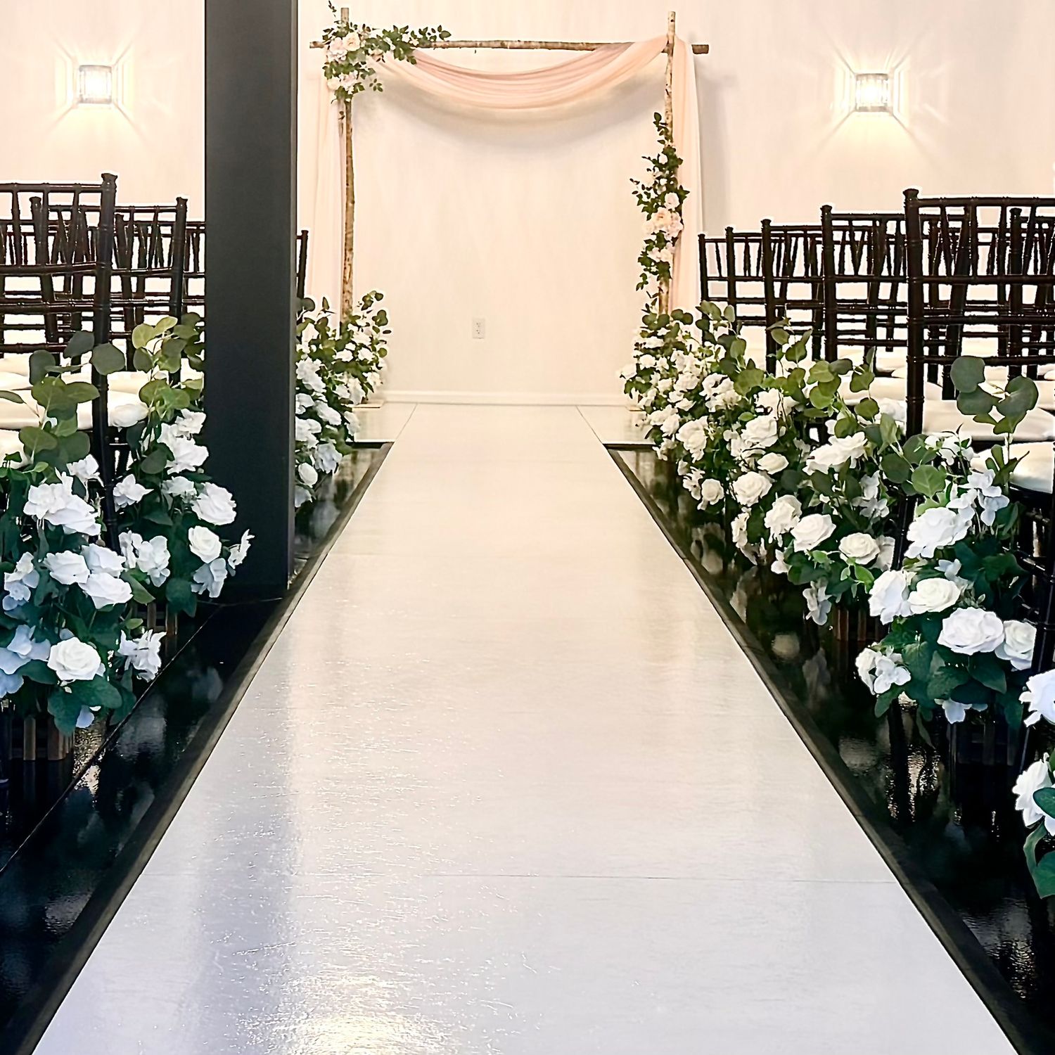 image of the event hall at The Southern Chateau Wedding Venue in Payson, Utah County, Utah, and its blush-colored decor
