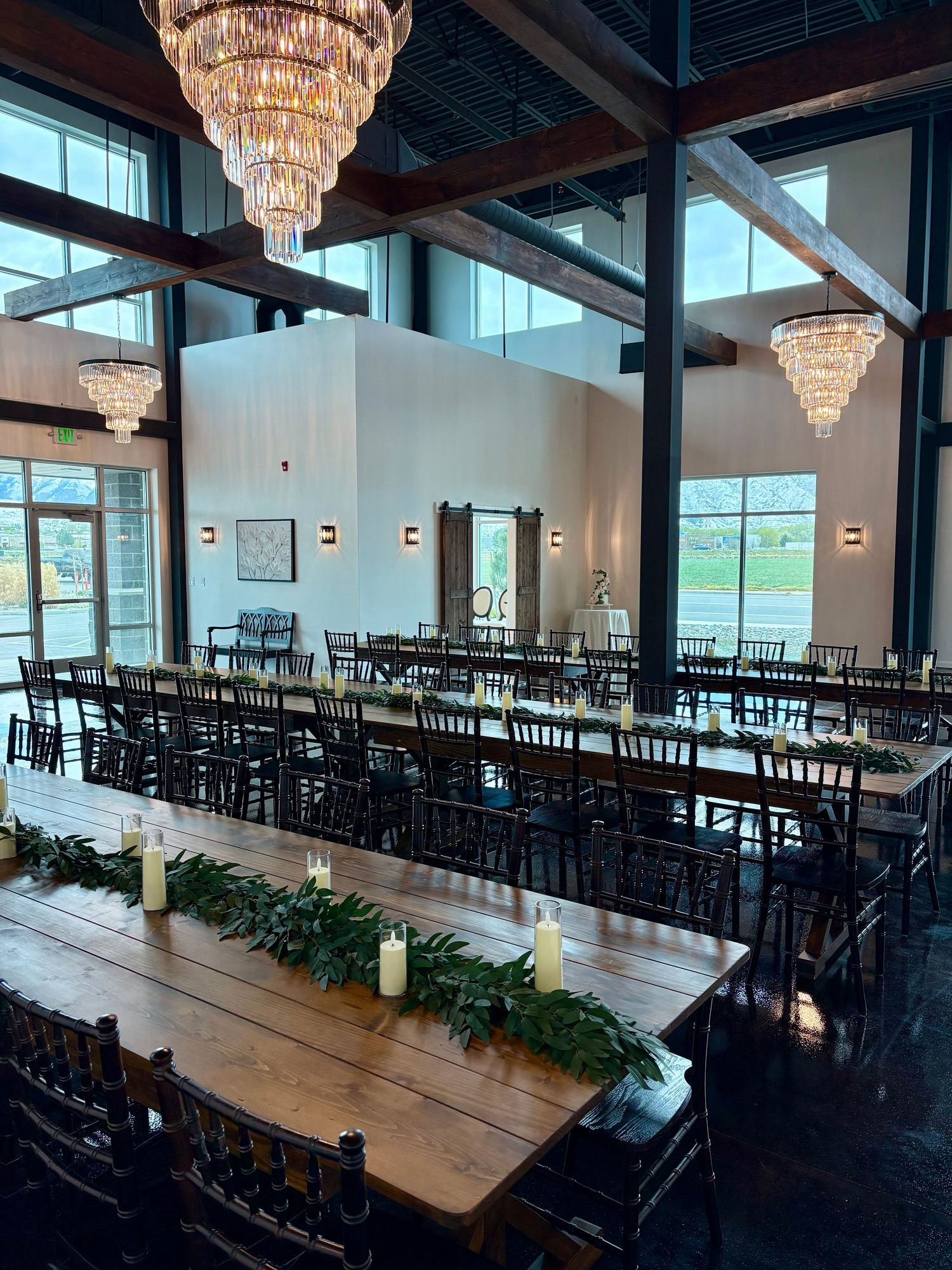 image of the event hall at The Southern Chateau Wedding Venue in Payson, Utah County, Utah, and its beautiful chandeliers