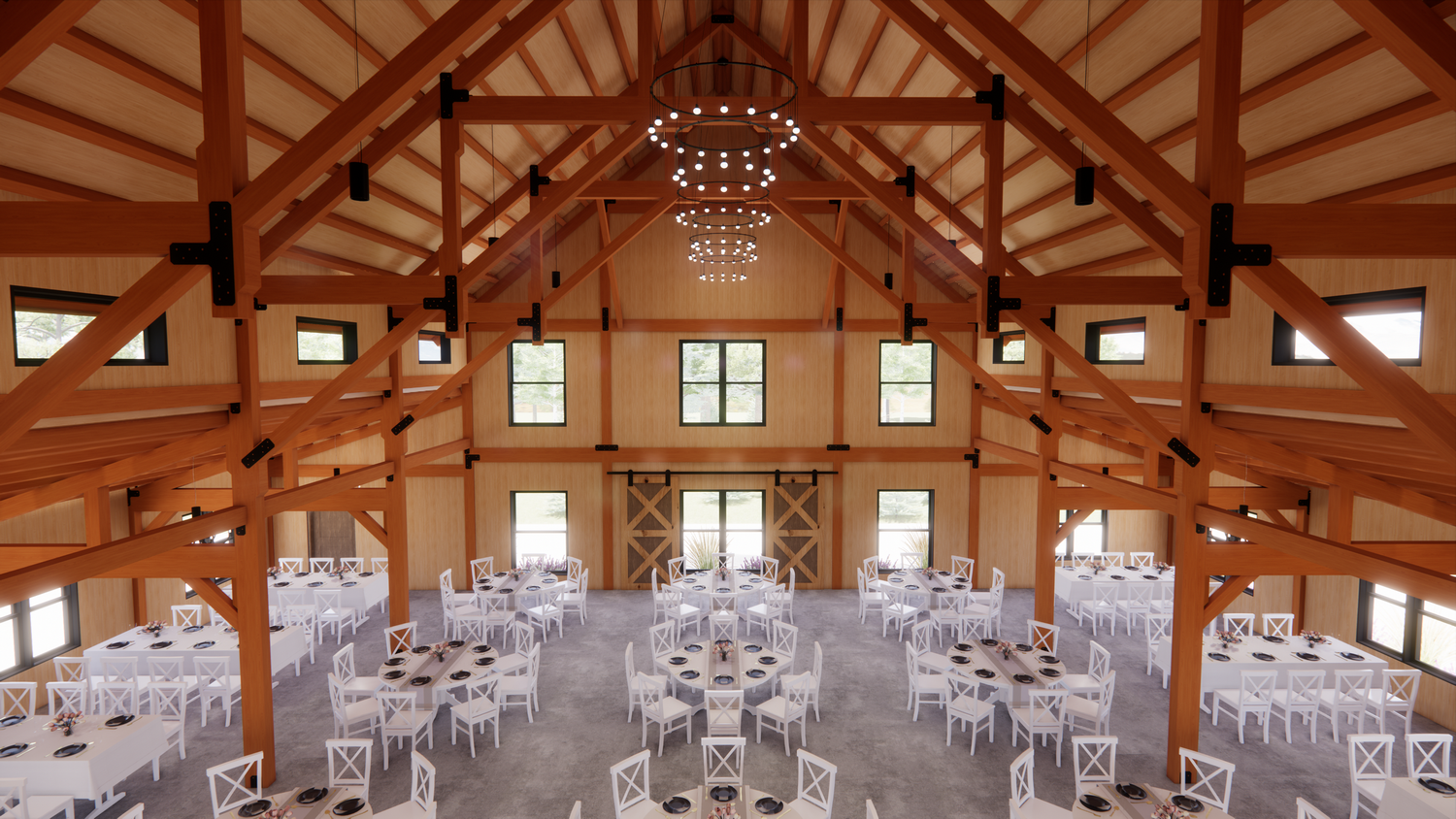 image of 9 acres event barn from the balcony with furniture set for dinner
