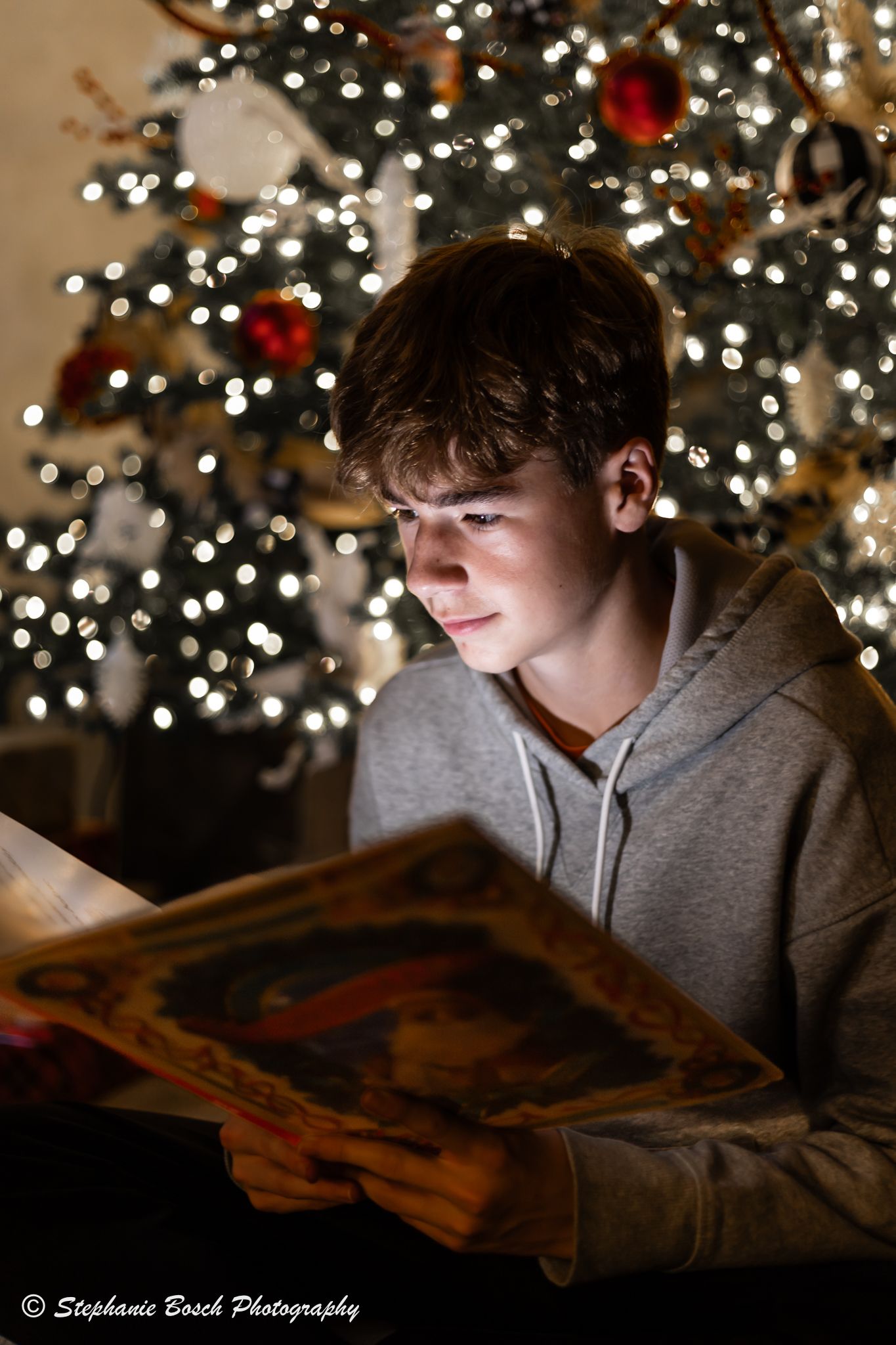 Person reading book by illuminated Christmas tree lights in cozy indoor setting with warm glow. Cincinnati/ northern Kentucky