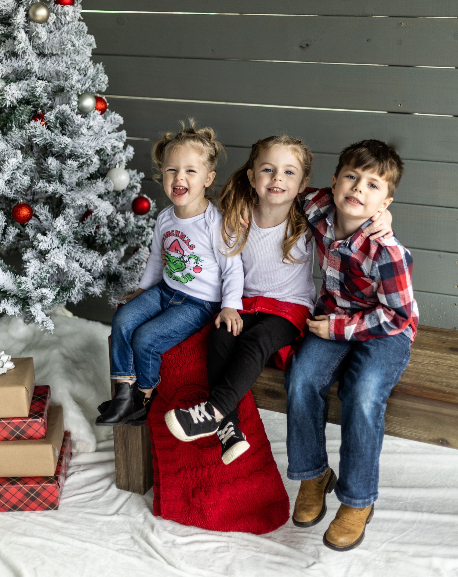 Three children sit together on a white Christmas backdrop with a silver tree and red decorations. Cincinnati/ northern Kentucky