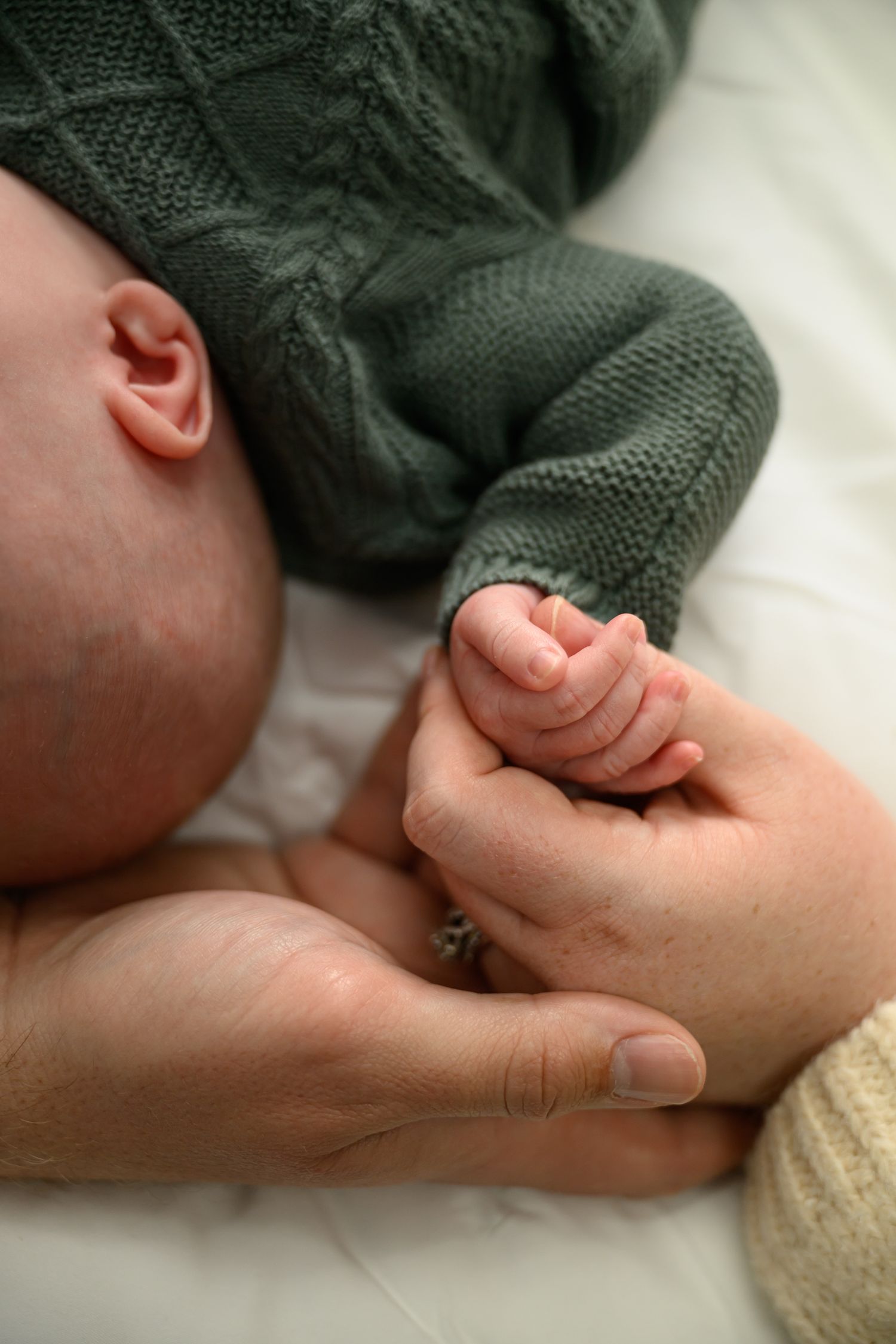 Close-up series showing a tiny baby hand grasping an adult's finger against a soft white background.