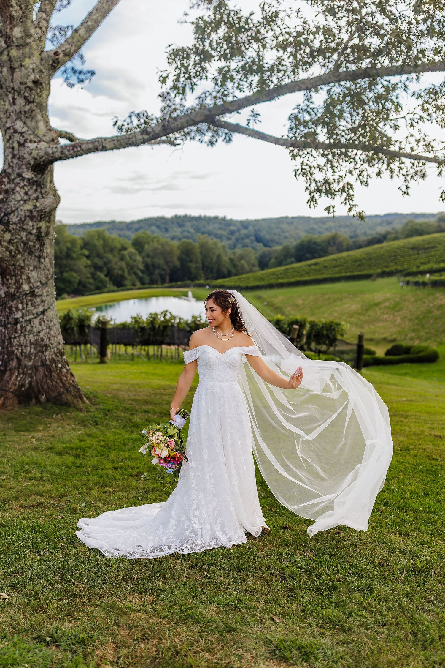Bride posing with flowing veil during an outdoor wedding portrait at Montaluce Winery.