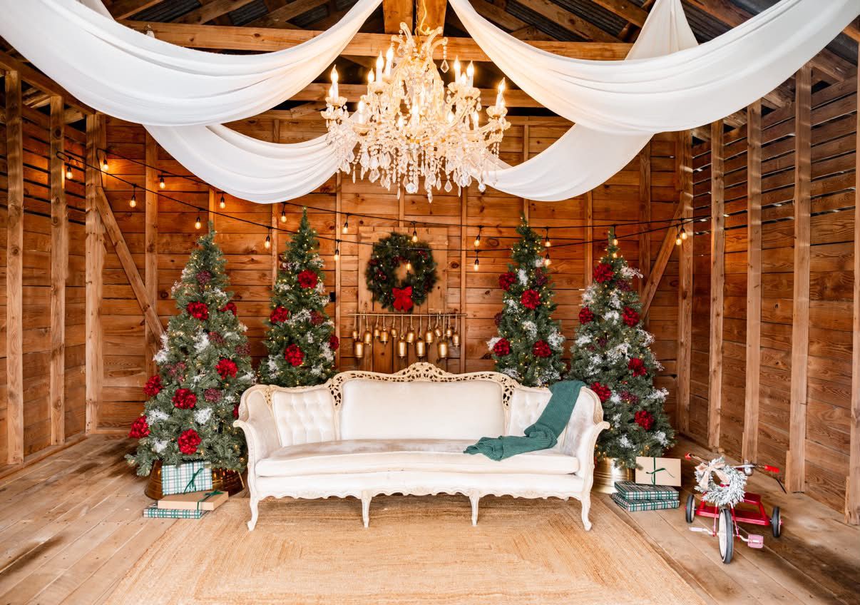 Rustic barn Christmas scene with white sofa, decorated trees, crystal chandelier, and festive wreath on wood wall.