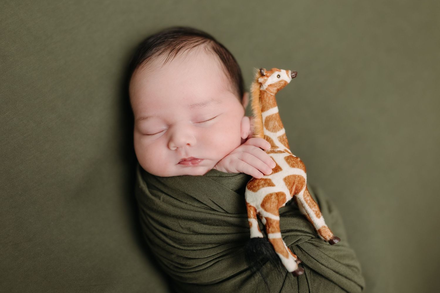 A sleeping newborn swaddled in dark green fabric with a small plush giraffe toy resting nearby.