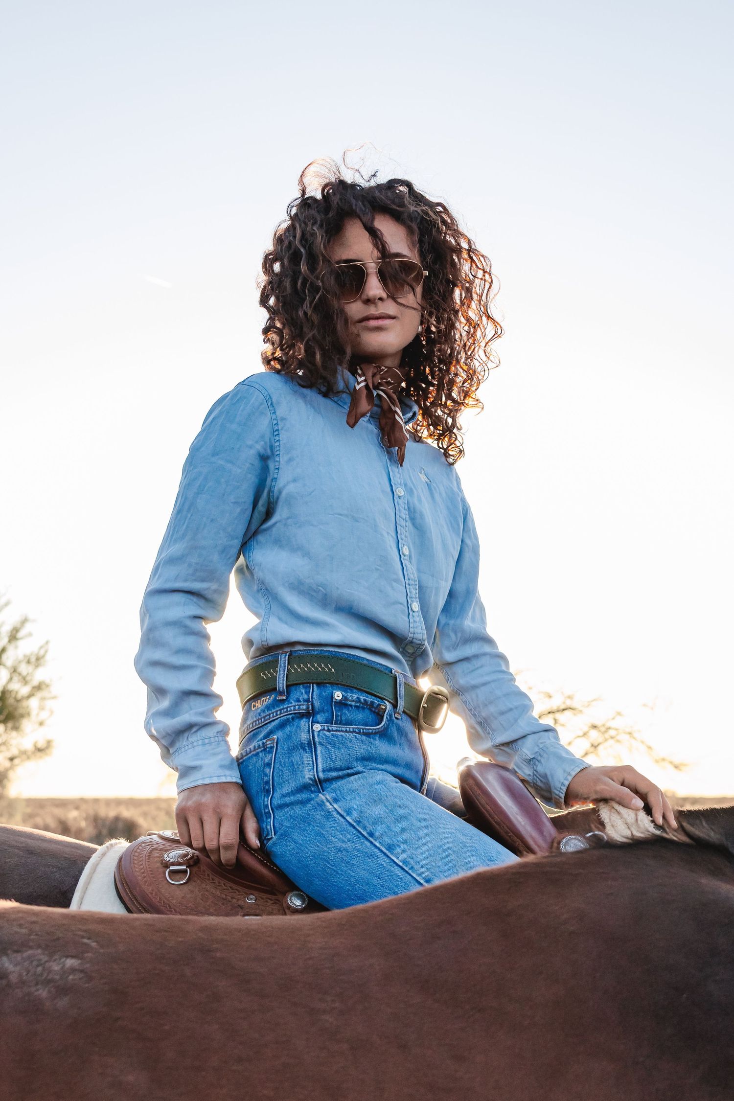 Person in light blue button-down shirt and jeans sitting on horseback during golden hour wearing sunglasses.