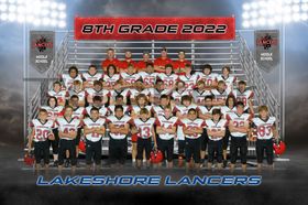 Lakeshore Lancers 8th grade 2022 football team poses for official group photo in white jerseys.