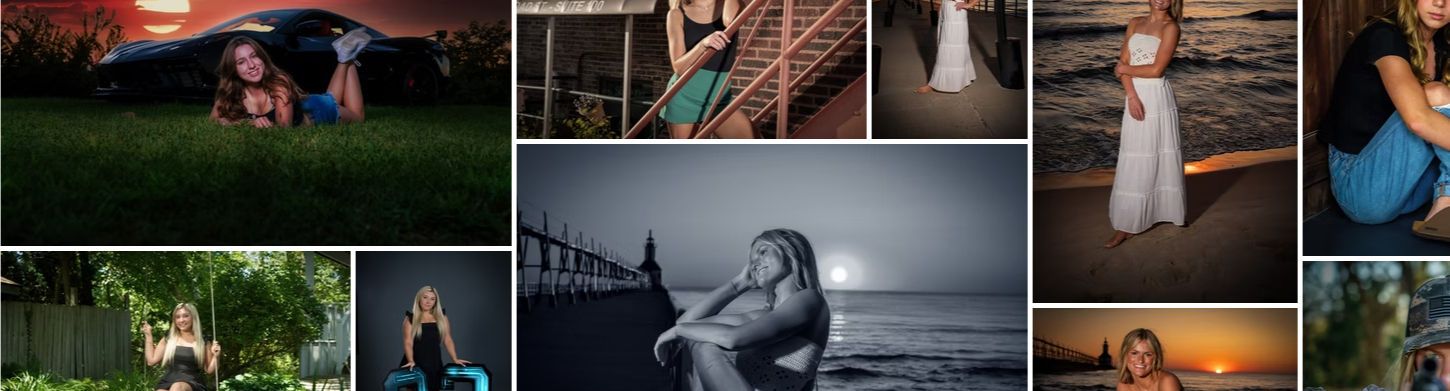 A collage of professional senior portrait photos taken at sunset near a lighthouse and beach setting.