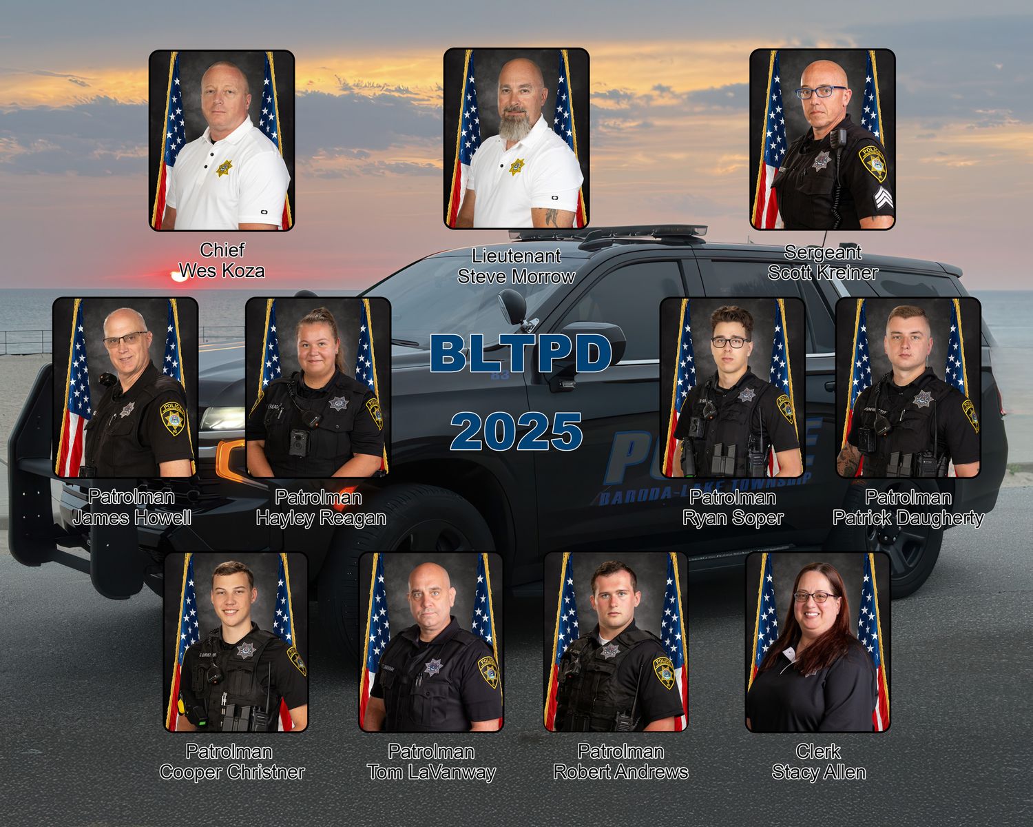 BLTPD 2025 police department composite photo featuring officers posed around a patrol vehicle at sunset.