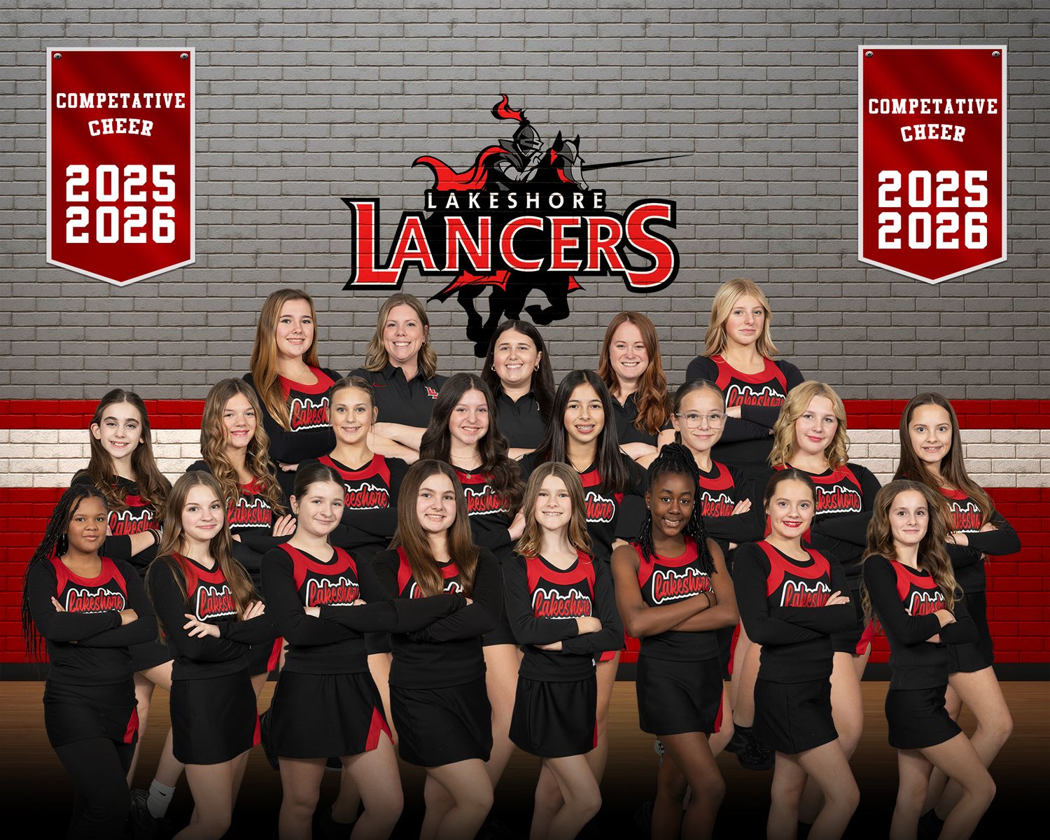 Lakeshore Lancers competitive cheer squad 2025-2026 team photo in black and red uniforms.