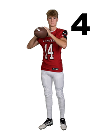 Teen boy in red Lancers football uniform number 14 holding football overhead, sports team photo 4.