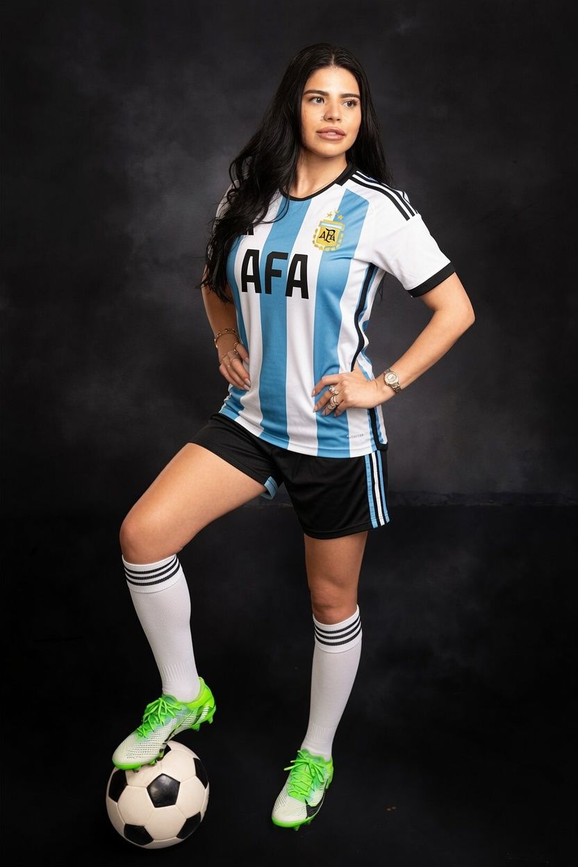 Woman in Argentina AFA soccer jersey and shorts posing with a football on a dark studio background.