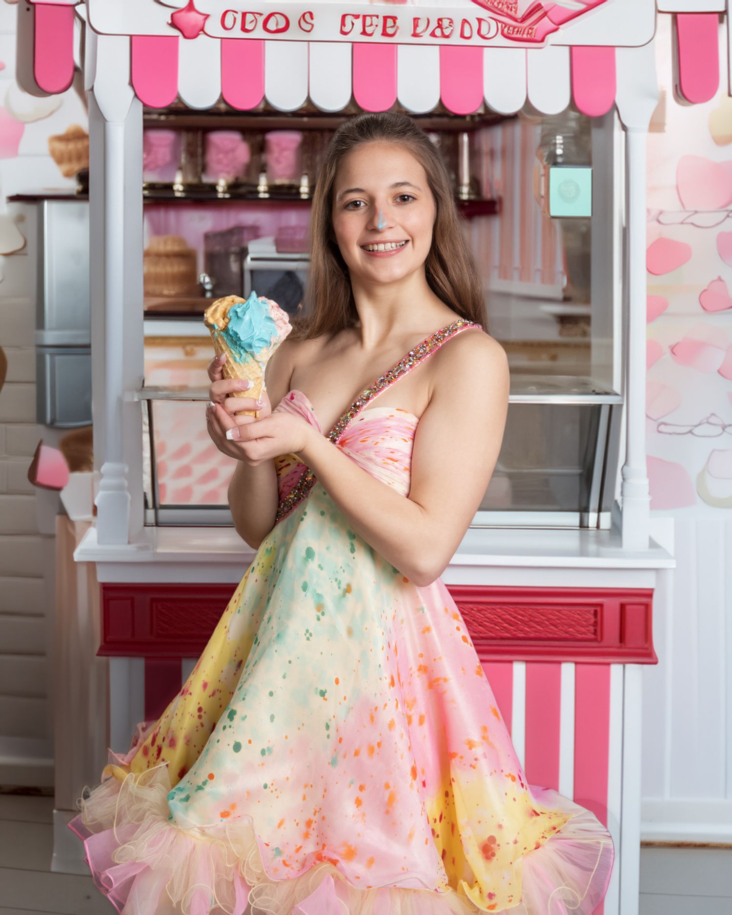 Smiling teen in colorful rainbow tulle dress holds ice cream cone at vintage ice cream parlor backdrop.