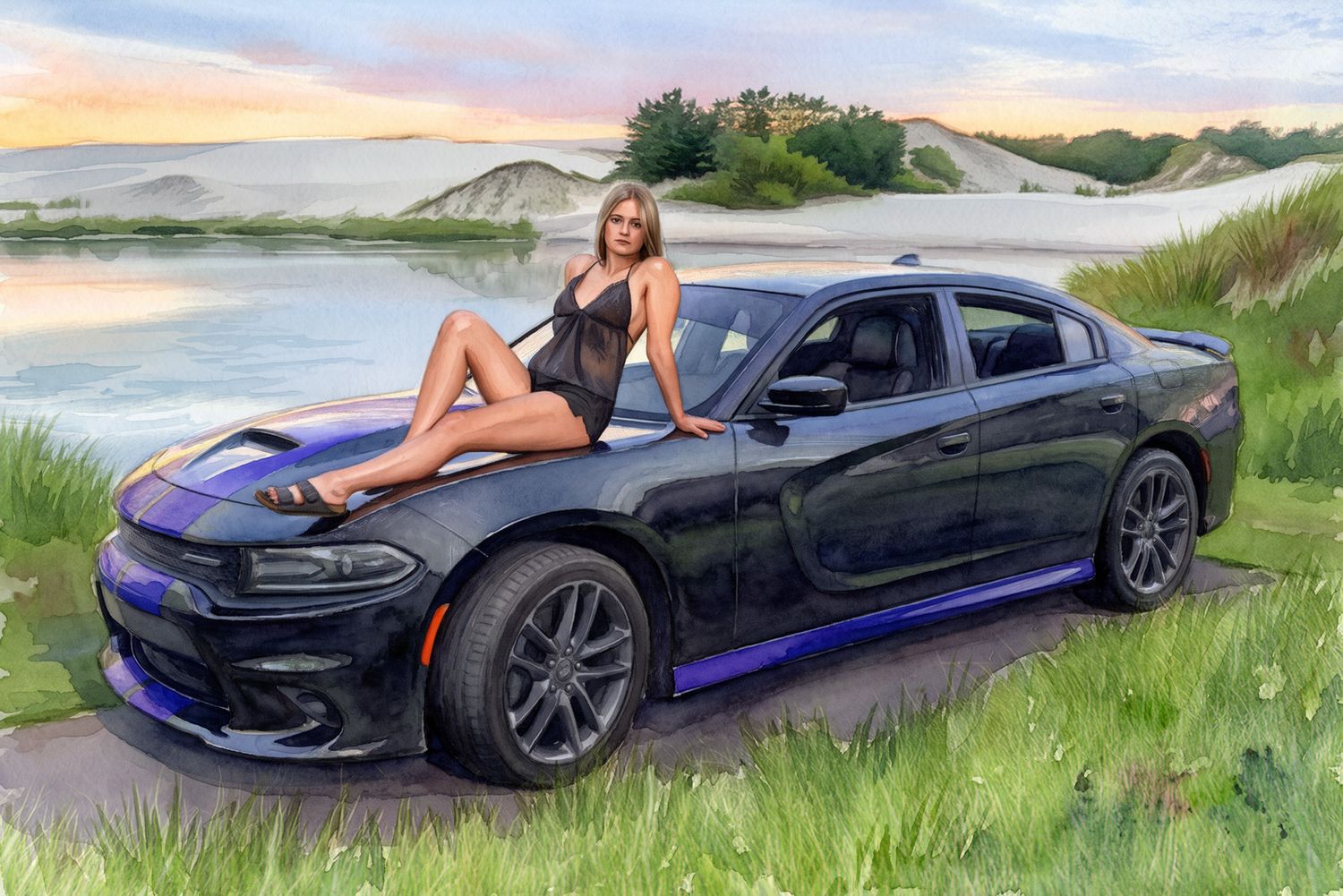 Digital painting of a woman posing on a black Dodge Charger by a scenic lakeside.