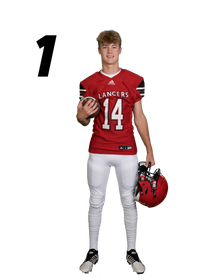 Teen boy in red Lancers football jersey number 14 holding football and helmet, team photo pose 1.