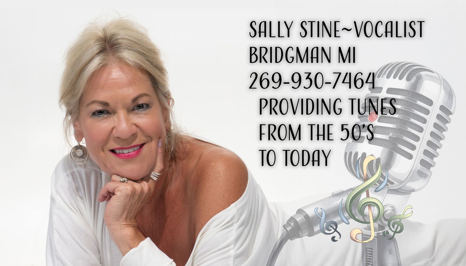 Sally Stine vocalist from Bridgman MI smiling beside a microphone, offering tunes from the 50s to today.