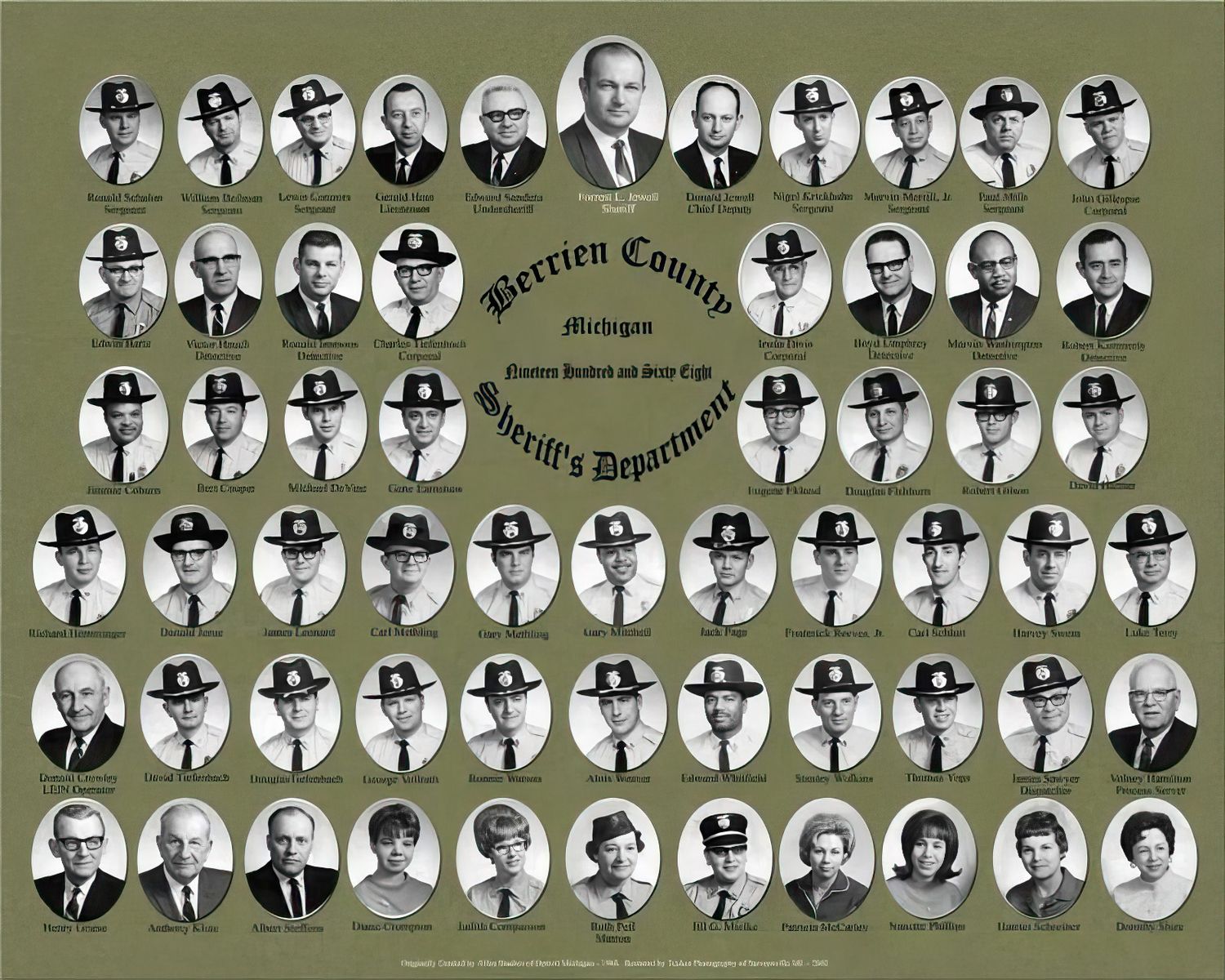 Vintage black and white composite portrait of Berrien County Michigan Sheriff Department officers and staff.