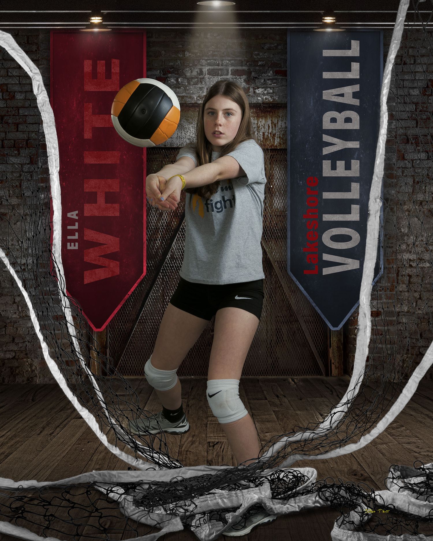 Ella White volleyball player bumping a ball with banners and torn net in a dramatic composite photo.