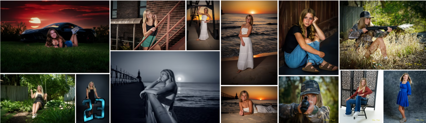 Professional senior portrait photography collage featuring various outdoor locations at sunset.