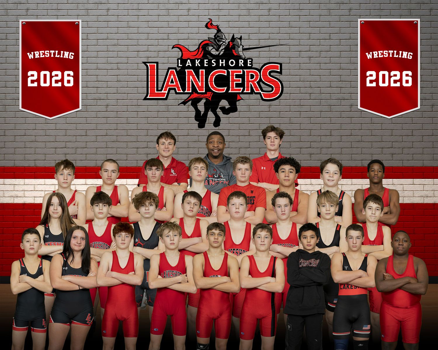 Lakeshore Lancers wrestling team 2026 group photo in red and black uniforms indoors.