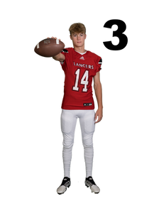 Teen boy in red Lancers football jersey extending football forward, sports team photo number 3.