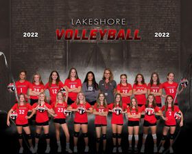 Lakeshore Volleyball 2022 team photo with players in red uniforms holding volleyballs.