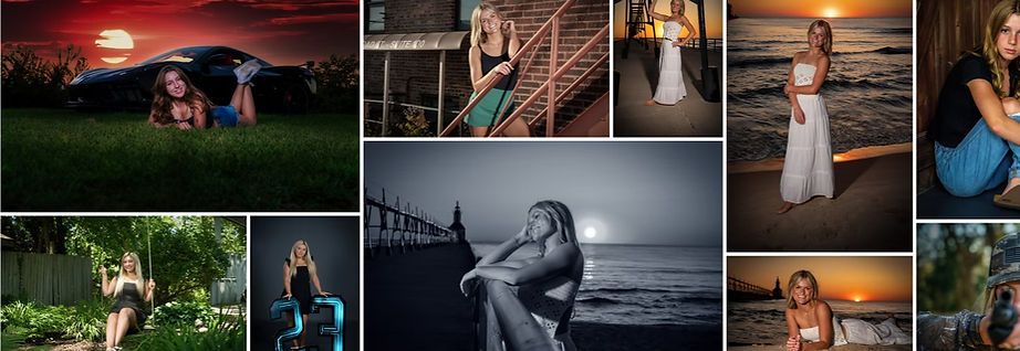 Professional photography collage showcasing senior portraits in various outdoor locations including beach and sunset settings.