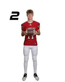 Teen boy in red Lancers football uniform number 11 holding football, sports team photo number 2.