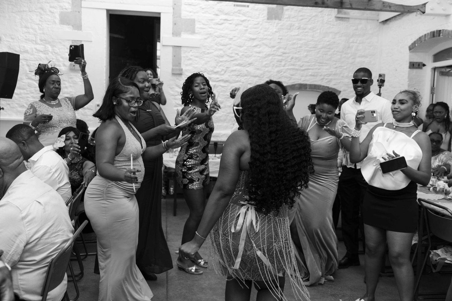Silkmill studio wedding in Frome, woman dancing at her wedding party