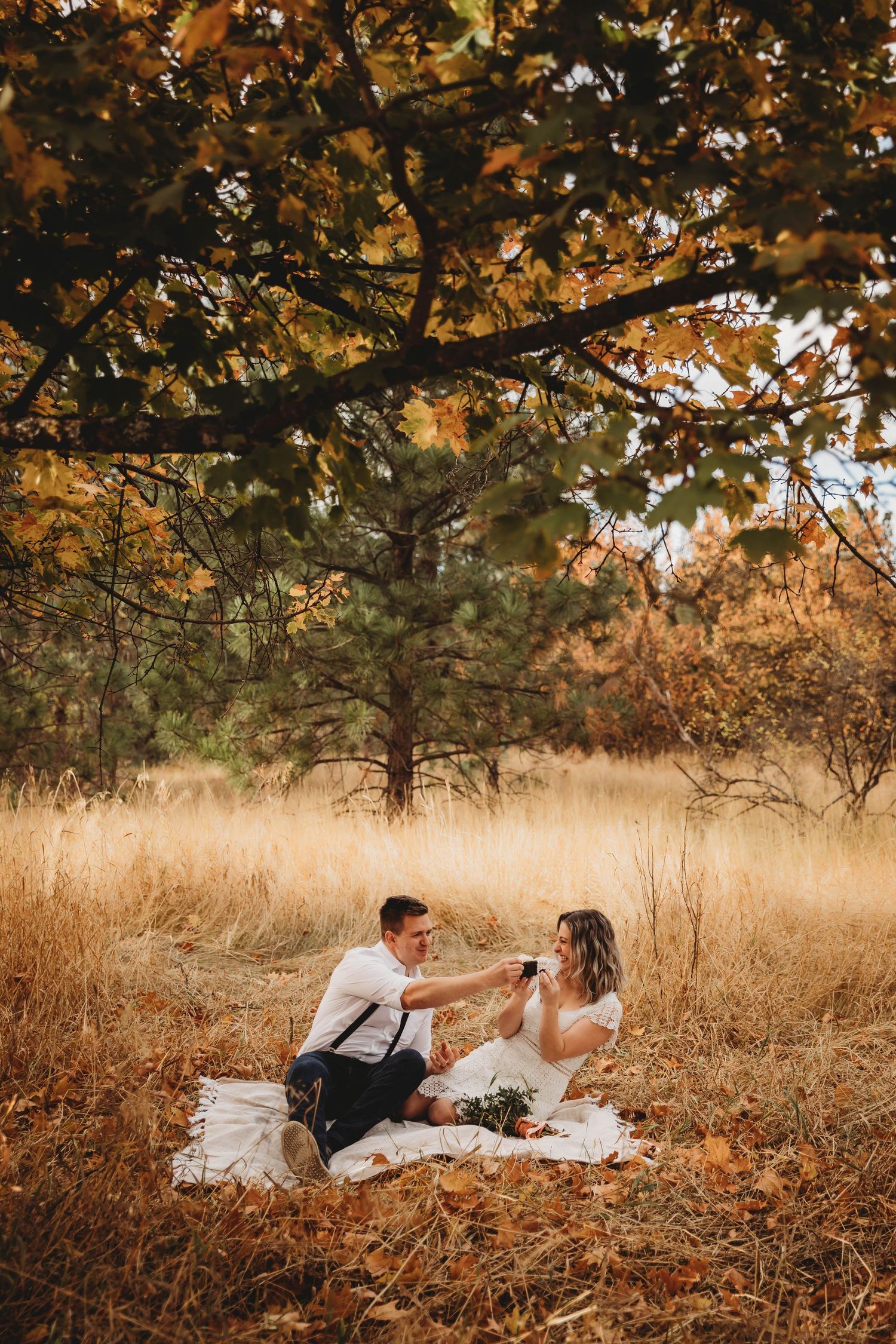 Bride and groom having a picnic toasting wine glasses under colorful autumn oak tree.