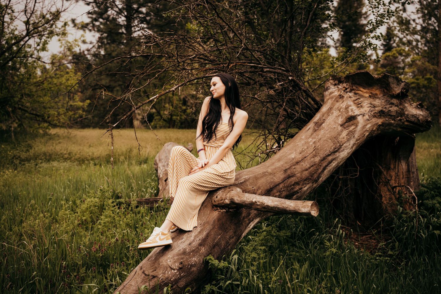 Young woman in beige outfit sitting on a large fallen tree trunk in a lush green forest.
