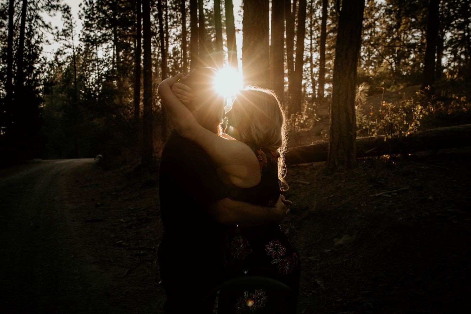 Couple embracing and kissing silhouetted by a brilliant golden sunburst filtering through tall forest trees.