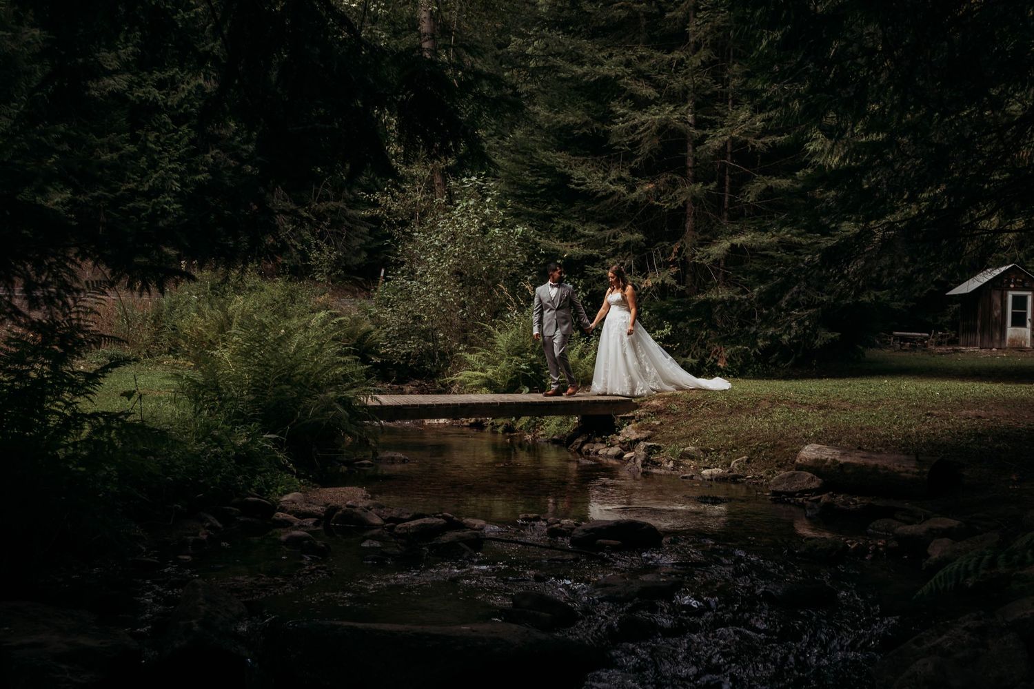 Bride and groom standing on a wooden bridge over a stream surrounded by lush green forest trees.