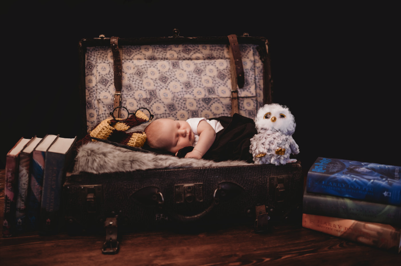 Newborn baby sleeping in vintage suitcase with Harry Potter themed props including owl and books.