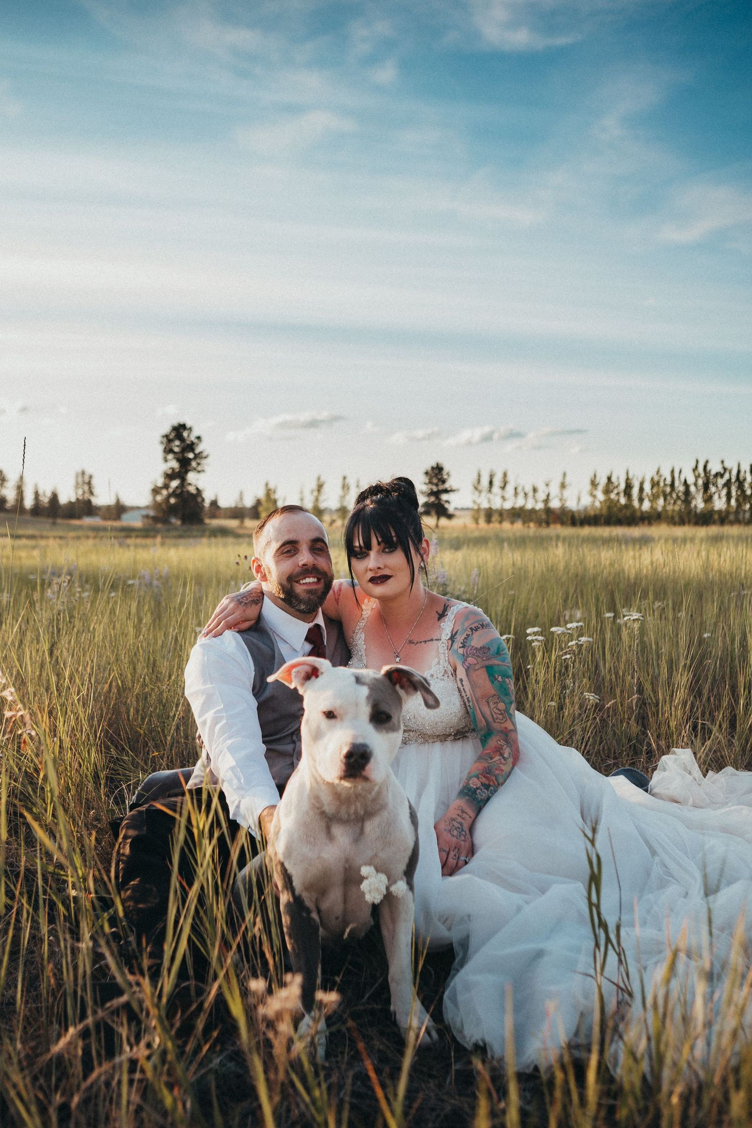 Bride and groom sit together in tall grass with their white pit bull dog at golden hour.