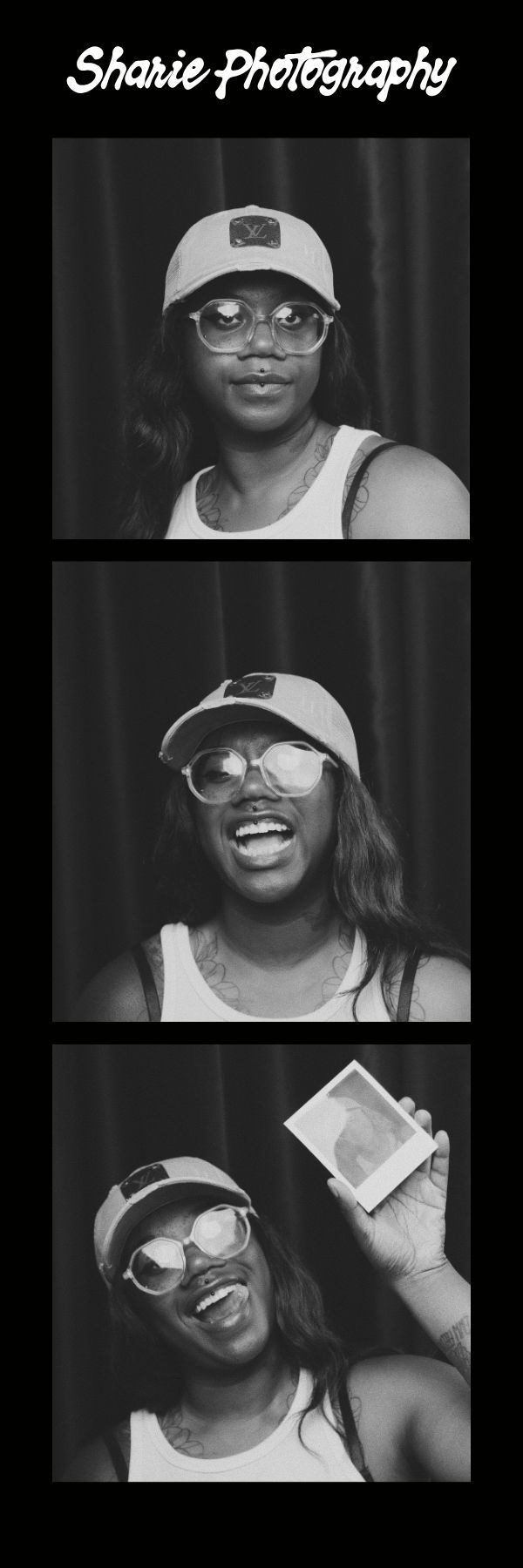Black and white photo booth strip of a woman in a cap and round sunglasses, laughing and holding a Polaroid photo.