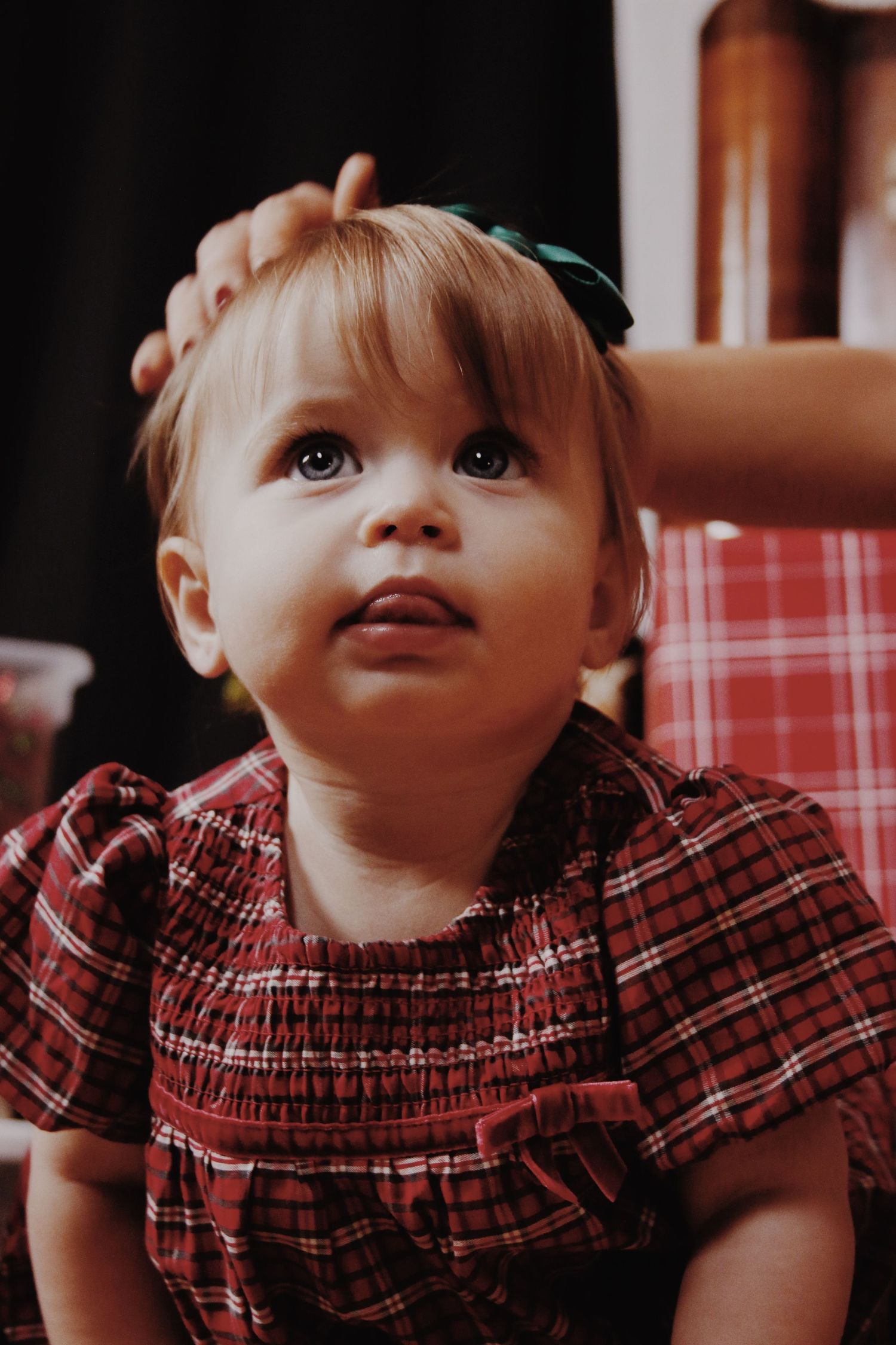 Adorable toddler girl in red plaid dress with green bow, looking up curiously while someone gently touches her blonde hair.